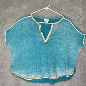 Sundance womens XS blue waffle knit short sleeve coastal boho beachy hippie soft